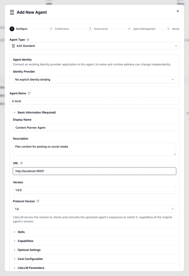 Add New Agent dialog showing the agent name, URL and protocol version