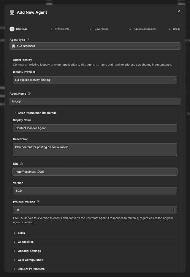 Add New Agent dialog showing the agent name, URL and protocol version