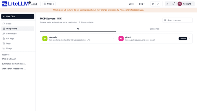 The Integrations page with one MCP server and one OAuth server with a Connect button