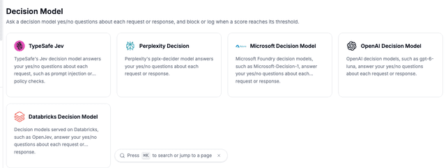 Decision Model section of the Guardrail Garden with TypeSafe Jev, Perplexity Decision, Microsoft, OpenAI and Databricks cards
