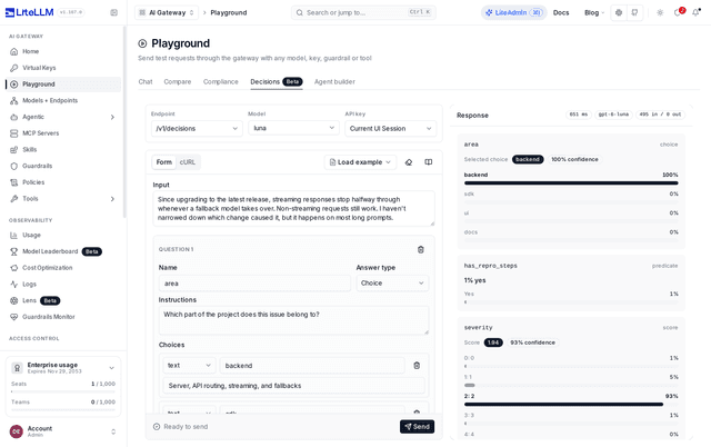 Decisions playground with /v1/decisions and the luna model picked, the bug report triage example with choice, predicate and score questions and its answers
