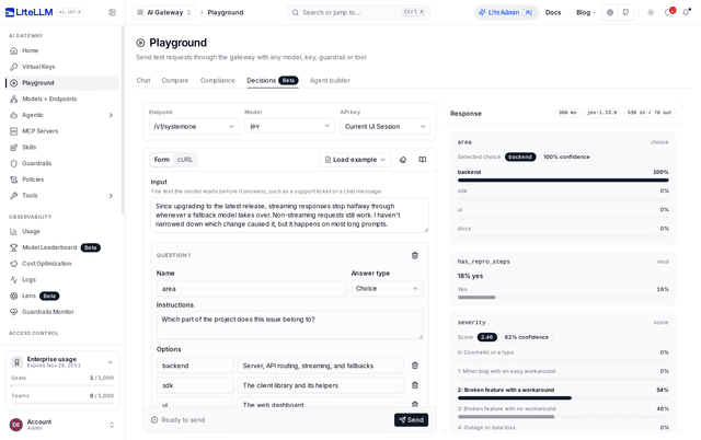 Decisions playground with /v1/systemone and the jev model picked, the bug report triage example in the Form tab and its answers