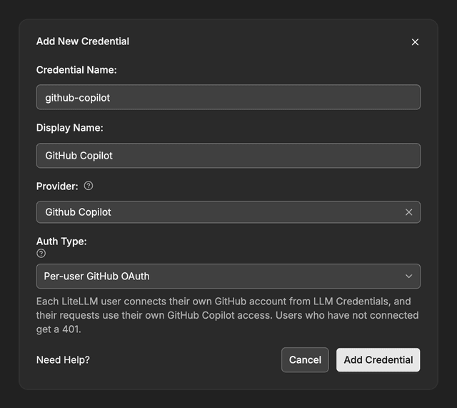 Create a per-user GitHub OAuth credential in LiteLLM