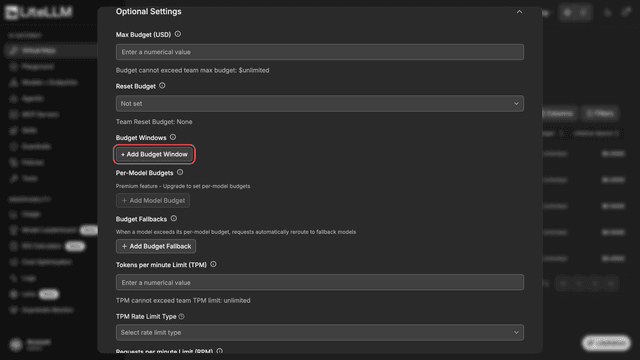 Budget Windows section in the key form