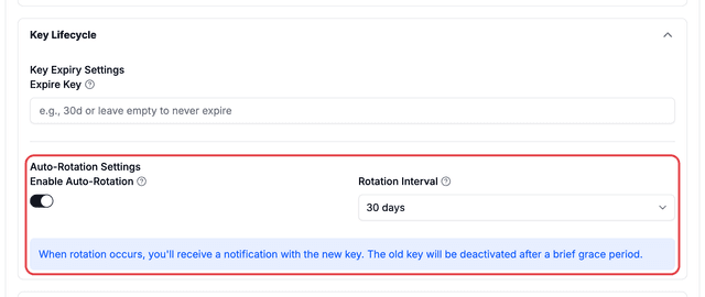 Auto-Rotation Settings in the Key Lifecycle section of the key form