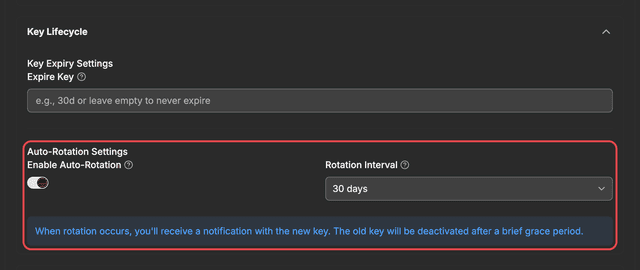 Auto-Rotation Settings in the Key Lifecycle section of the key form