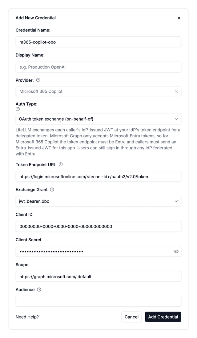 Microsoft 365 Copilot token exchange credential in LiteLLM