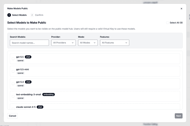 Make Models Public dialog with models selected