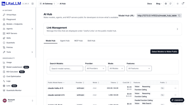 AI Hub page in the Admin UI with the Select Models to Make Public button