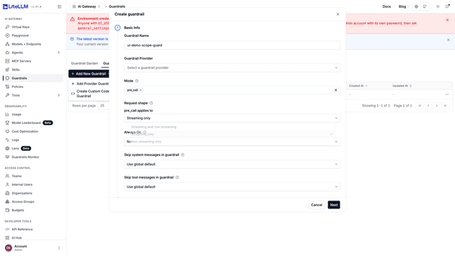 Create guardrail form: Request shape control with the pre_call applies to dropdown set to Streaming only