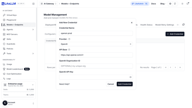 Add New Credential modal with OpenAI selected as the provider