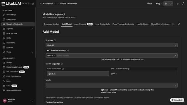 Add Model form with OpenAI provider and gpt-5.5 selected