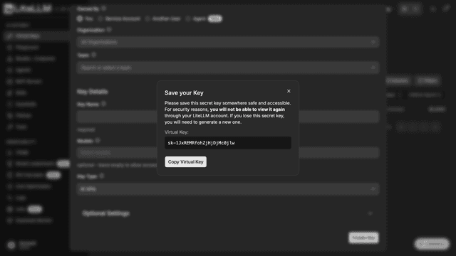 Save your Key modal showing the newly created virtual key