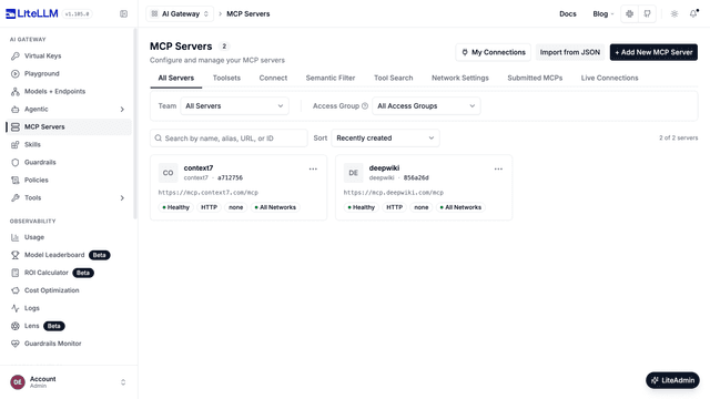 MCP Servers page with two connected MCP servers and their health status