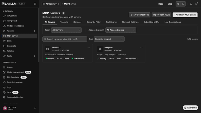 MCP Servers page with two connected MCP servers and their health status