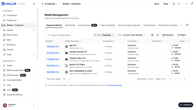 Models page with five models from OpenAI, Anthropic, and Google, and the token price of each model