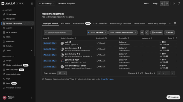 Models page with five models from OpenAI, Anthropic, and Google, and the token price of each model