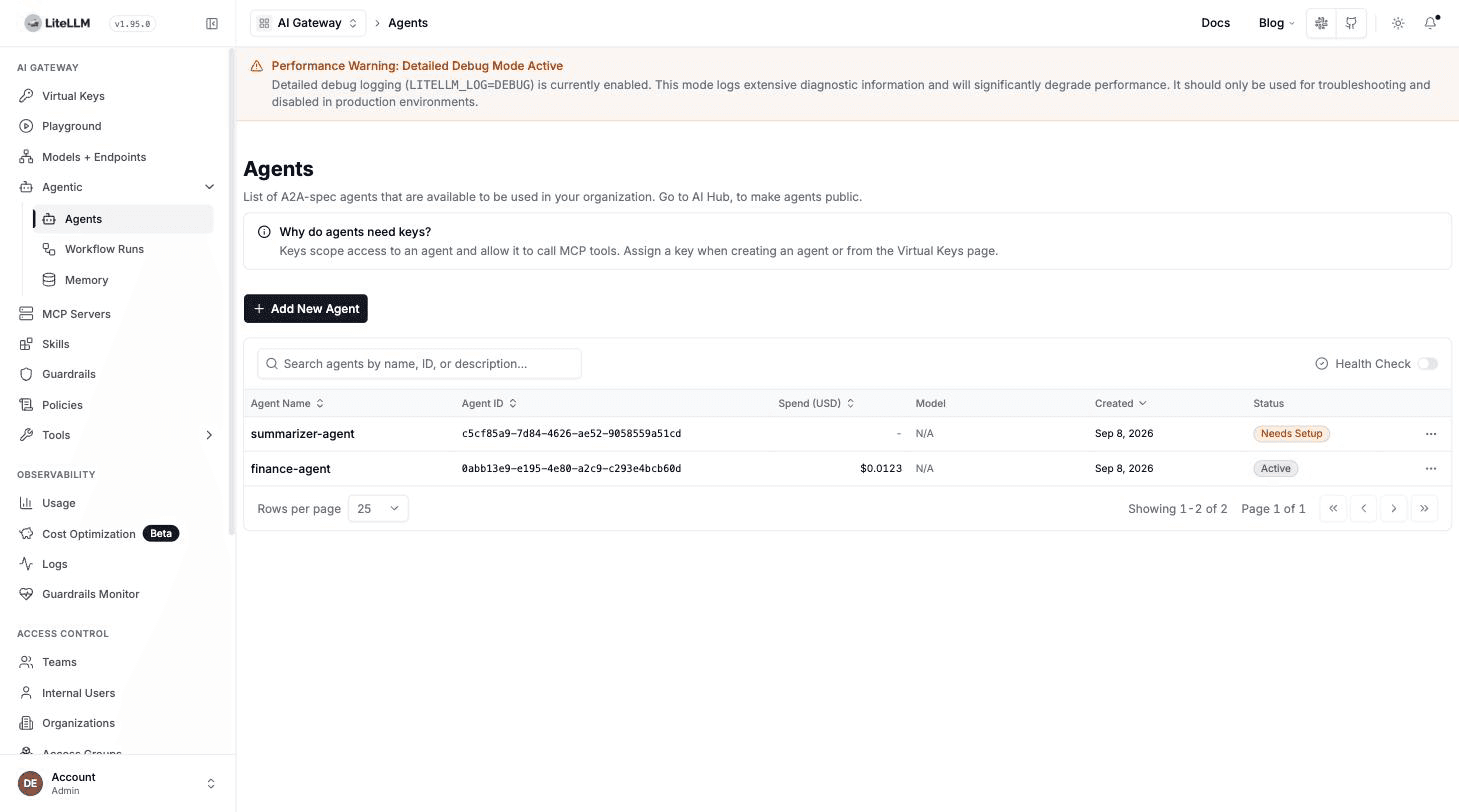 Agents tab showing the finance-agent and summarizer-agent registered on the Agent Gateway