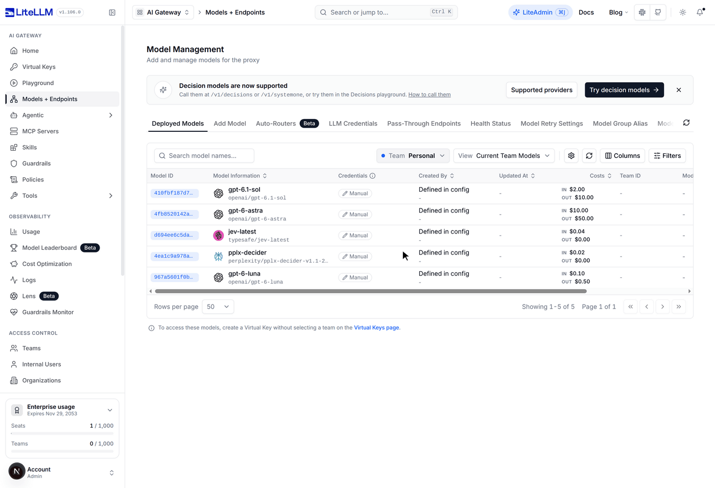 Add Auto Router in the Admin UI: Decisions Model picked as the classifier, jev-latest chosen from the deployed decision models, then Test Routing classifies a Postgres failover question as COMPLEX with 99% confidence and routes it to gpt-6-astra