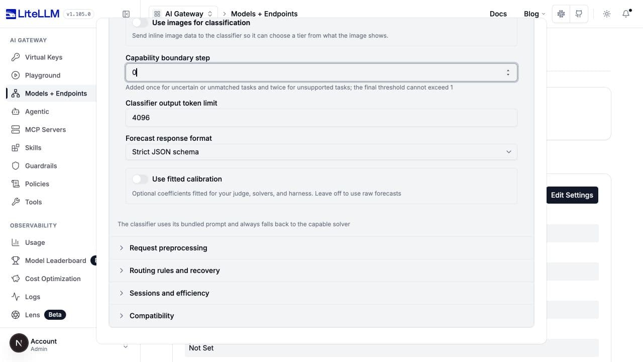 Capability LLM tuning, including the boundary step, output token limit, response format, and calibration
