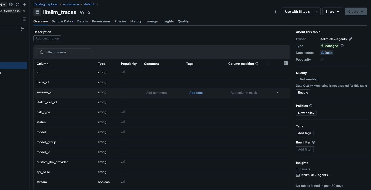 The LiteLLM traces table and column definitions in Databricks Catalog Explorer