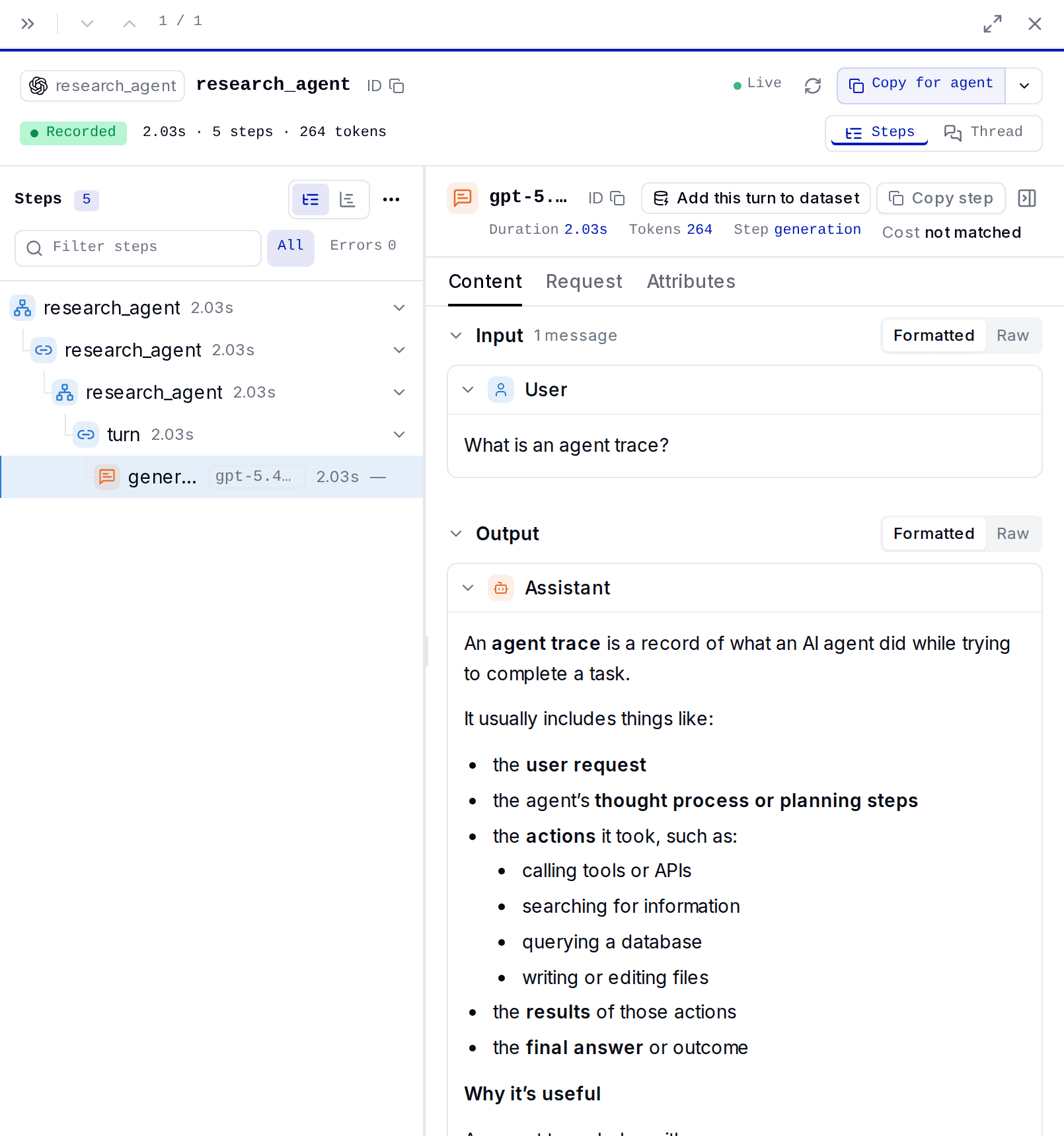 A research_agent trace with its question, model call, and final answer.