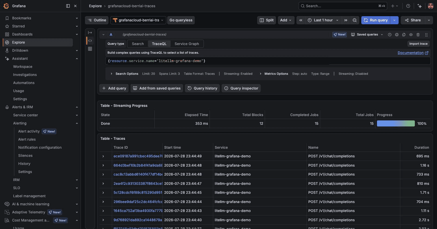 LiteLLM traces in Grafana Cloud Tempo
