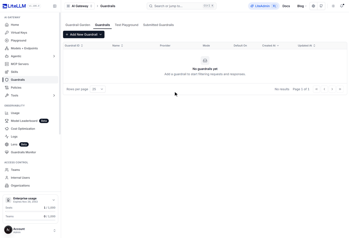 Create guardrail in the Admin UI: Decision Model provider picked, jev-latest chosen, a prompt_injection question set to Block at a 0.70 threshold, then two test runs: an injection attempt scores 0.99 and blocks, a refund policy question scores 0.06 and passes