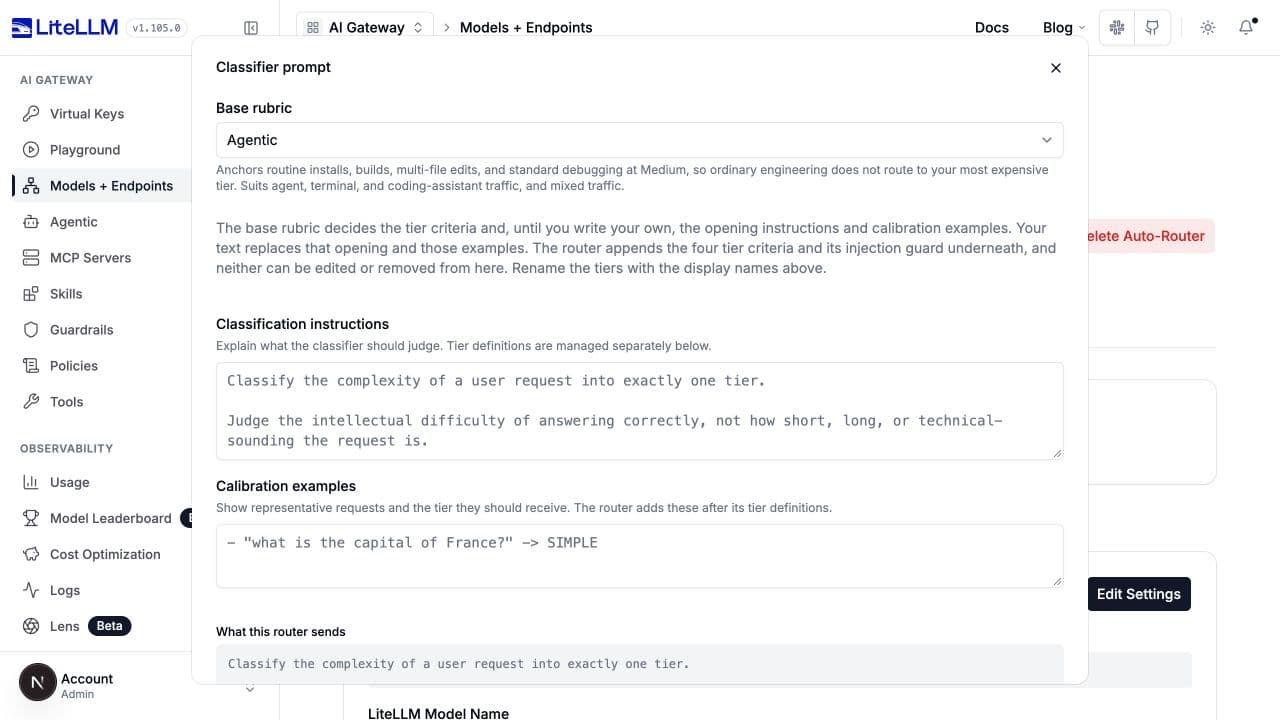 Classifier prompt editor with the Agentic rubric, separate instructions and examples, and the assembled-prompt preview heading