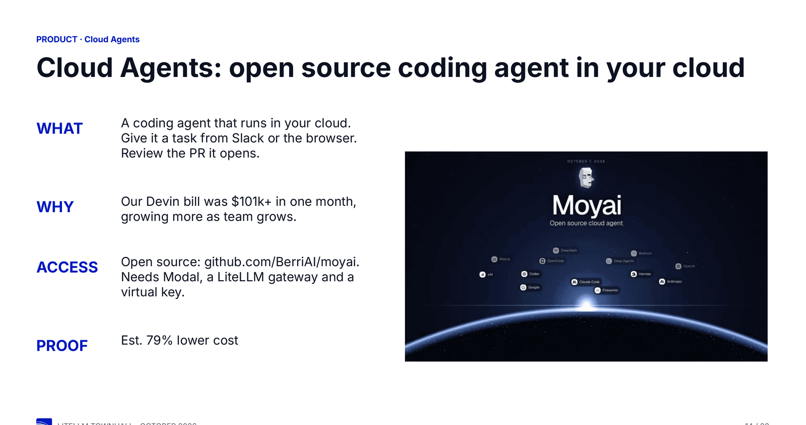 Moyai open source cloud agent, showing the harnesses and providers it runs through, including Claude Code, Codex, OpenCode, Deep Agents, Anthropic, OpenAI, Google, Mistral and Fireworks