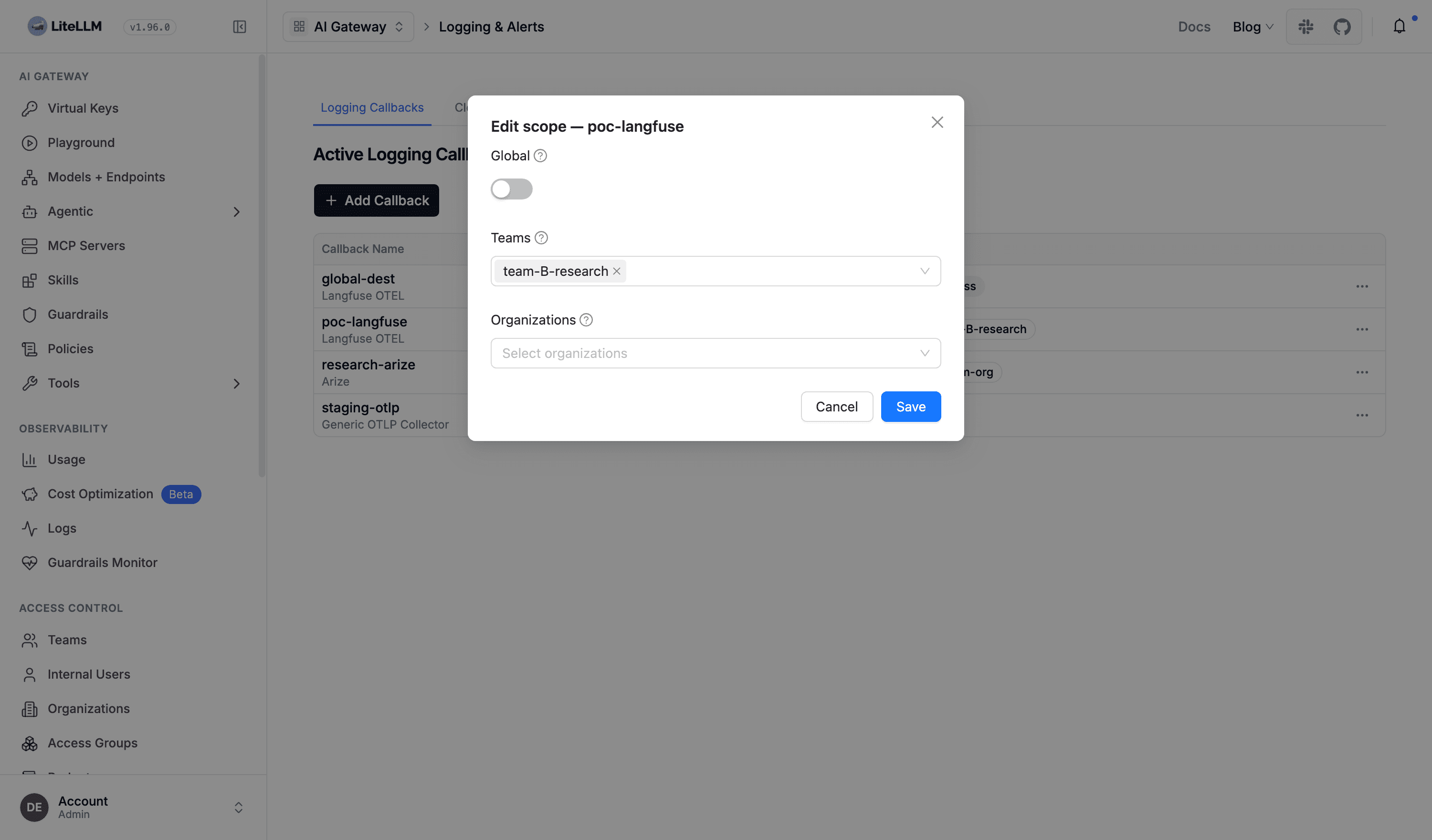 The Edit scope dialog for a destination, with the Global toggle off and the Teams multi-select holding one team