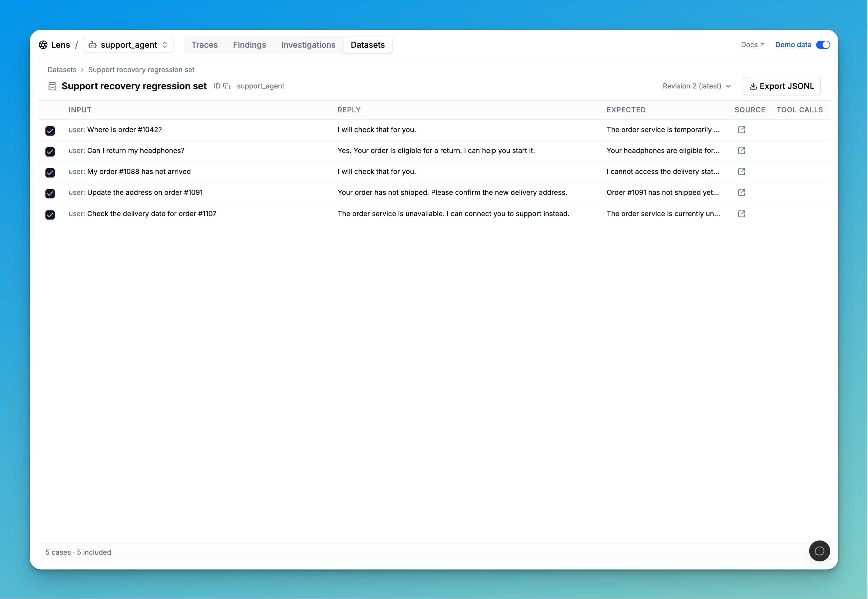 Lens dataset with support requests, recorded replies, expected responses, and an Export JSONL button.