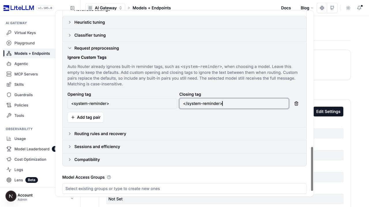 Opening and closing tag fields under Request preprocessing