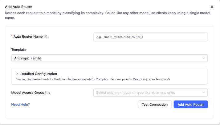 Add Auto Router form with the Anthropic Family template applied and the detailed configuration collapsed to a tier summary