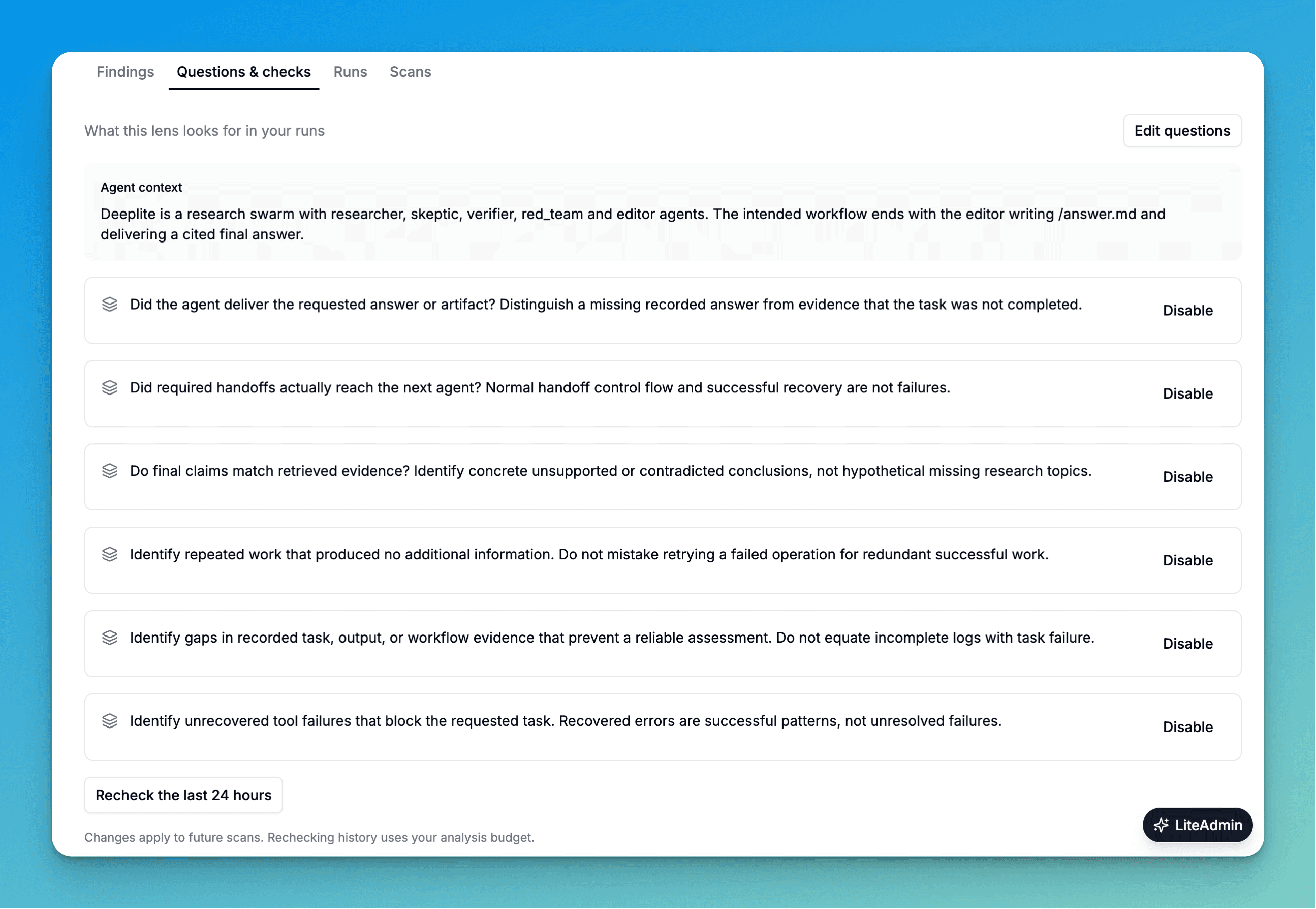 Saved agent context and checks for a research agent.