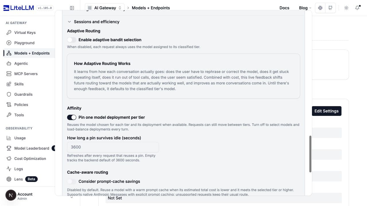 Session efficiency settings including per-tier deployment affinity