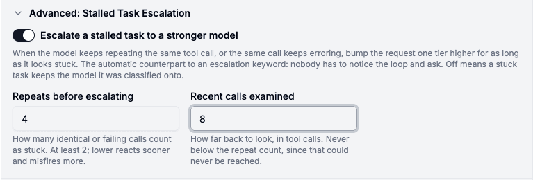Advanced: Stalled Task Escalation, with the repeat threshold and window set