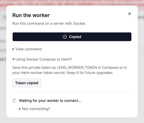 Copy the private worker token for Docker Compose or Helm